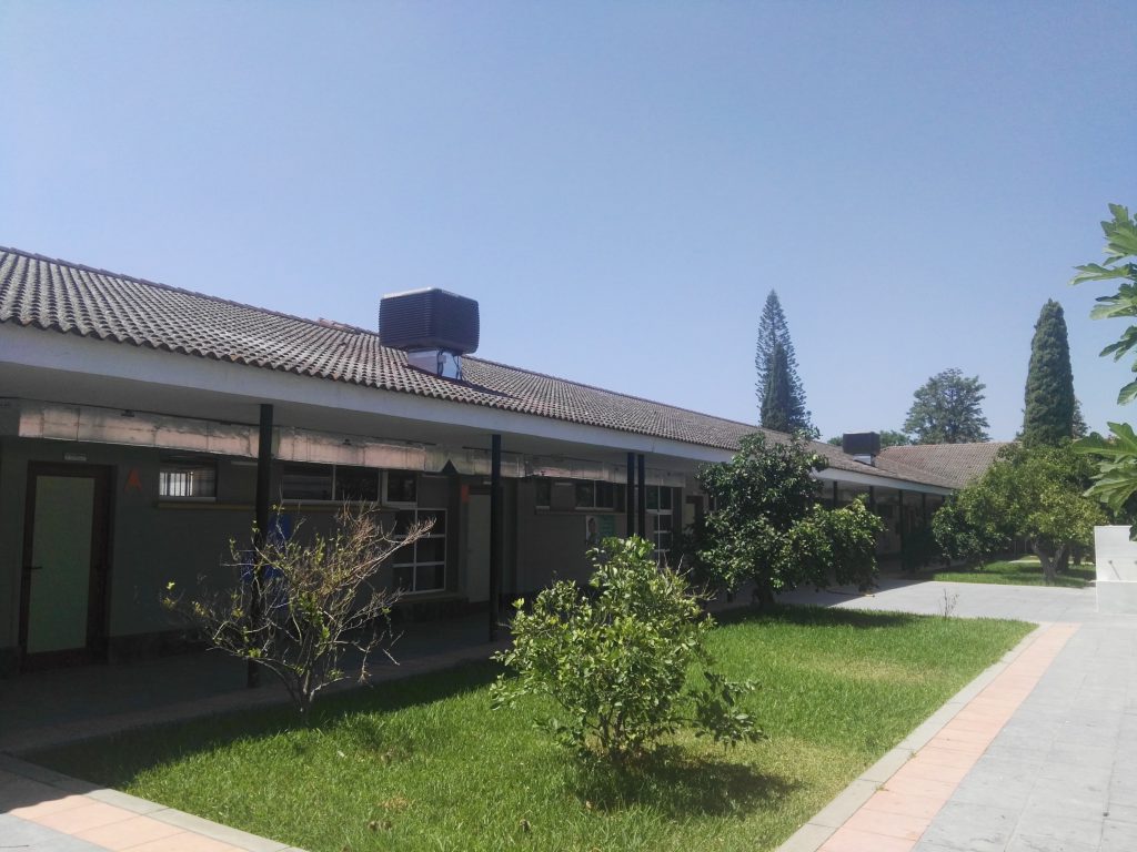 Edificio de aulas de una planta rodeado de jardín, naranjos y setos