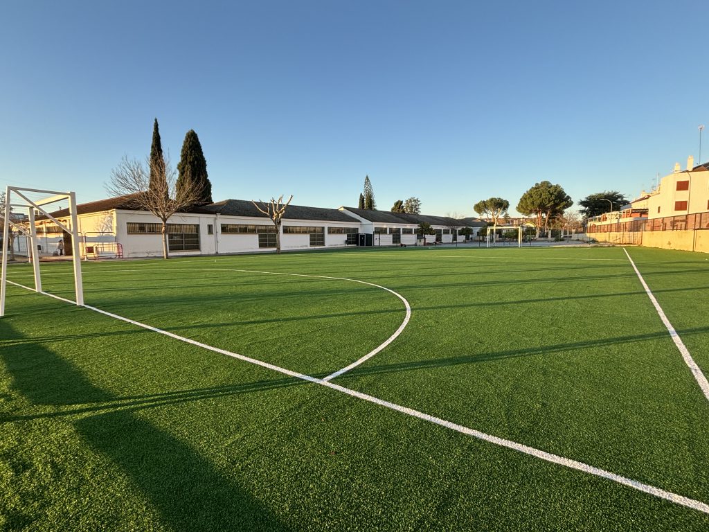 Campo de fútbol de césped artificial con portería, y los edificios del colegio al fondo