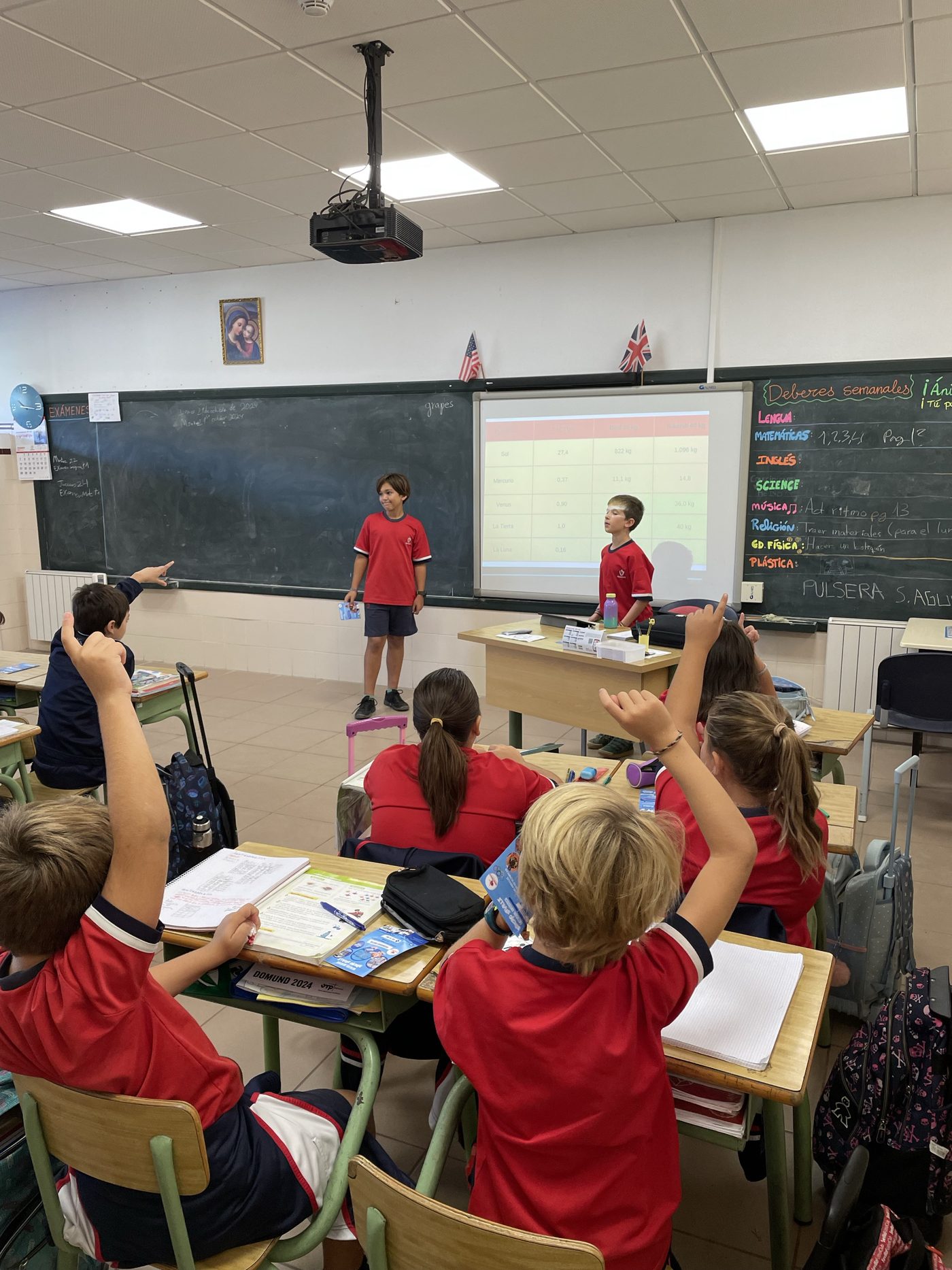 Alumnos de Primaria levantando la mano en clase mientras dos compañeros explican en la pizarra