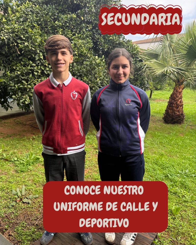 Dos alumnos de Secundaria: uno con el uniforme de calle, chaqueta granate y pantalón gris, y otra con el uniforme deportivo, chándal azul marino